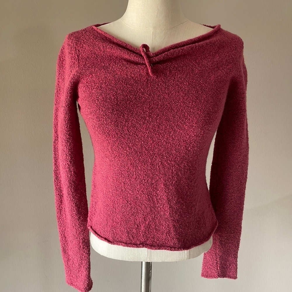 J.JILL merino wool blend BOUCLE textured pullover crop sweater pin neck, berry S